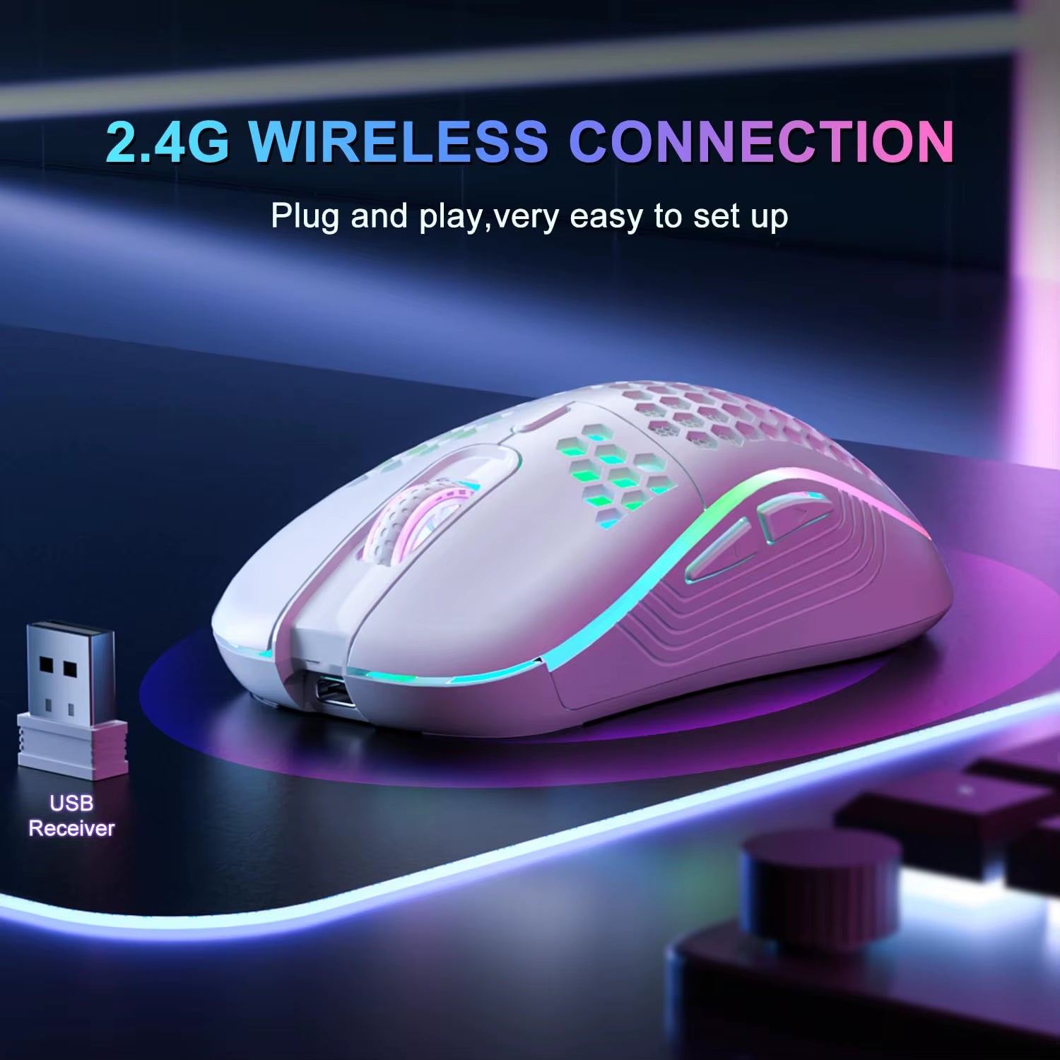 Elevate Your Gaming Experience with the 2.4G Wireless RGB Backlit Mouse - Ergonomic 6-Button Design with Rechargeable Battery and Adjustable DPI